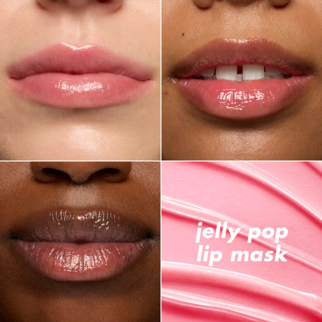 Collage of lips with different models wearing the shade of pink jelly pop lip mask.