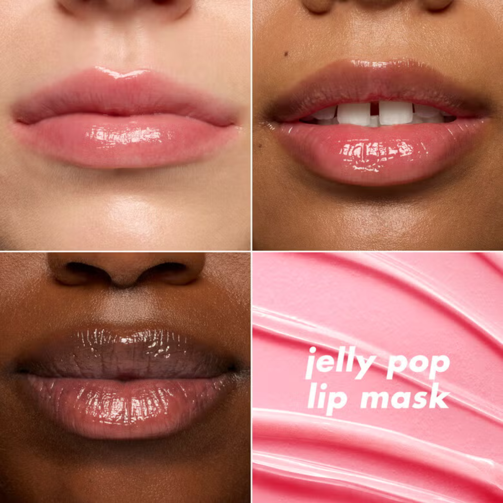 Collage of lips with different models wearing the shade of pink jelly pop lip mask.