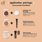 e.l.f. camo powder foundation application guide with tools on a beige background