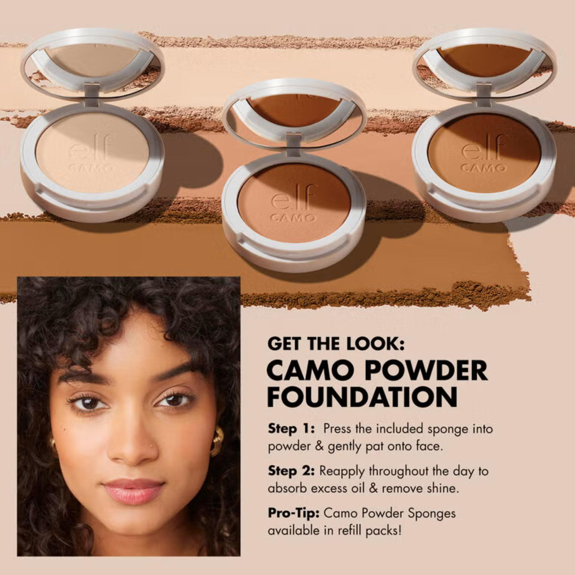 Camo powder foundation with a model wearing it and usage instructions.