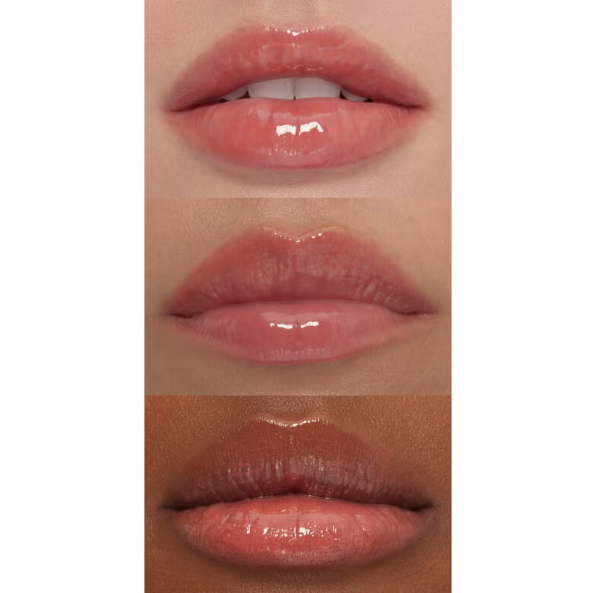 Close-up of lips with a glossy lip product on a white background
