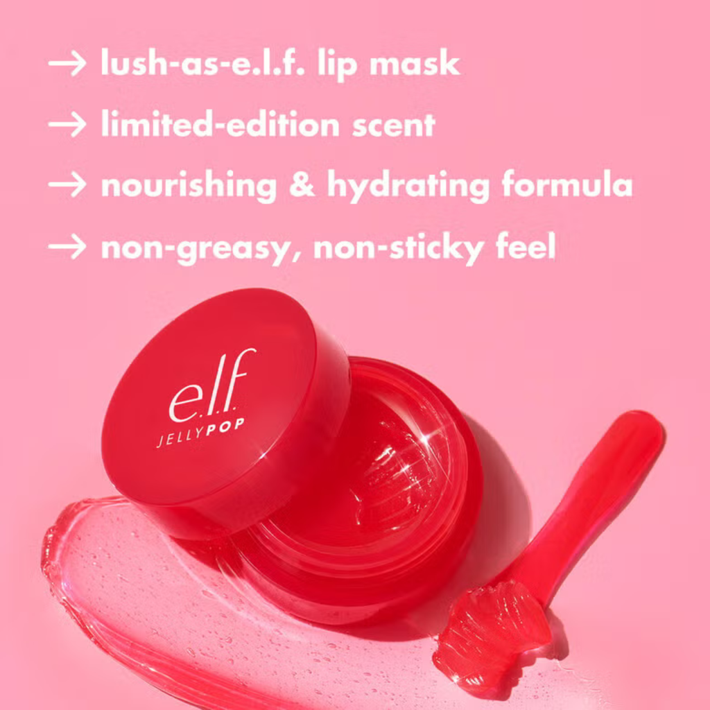 Red lip mask with applicator on a pink background, featuring e.l.f. branding.