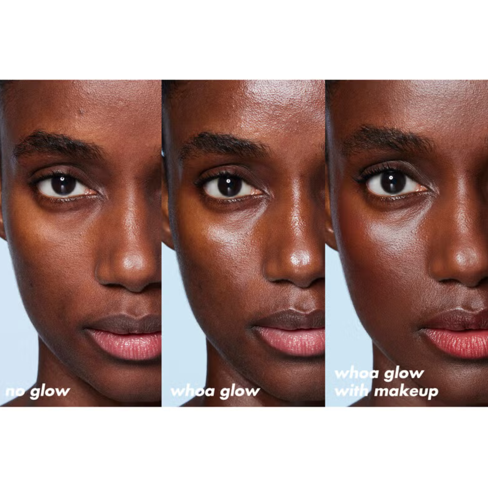Three close-up shots of a woman's face with different lighting conditions labeled 'no glow', 'with glow', and 'with glow with makeup'.