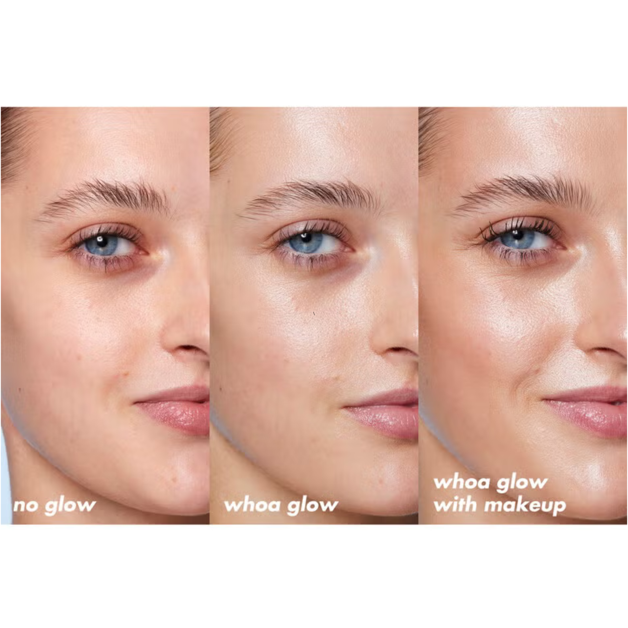 Comparison of a woman's face with 'no glow', 'whoa glow', and 'whoa glow with makeup' text labels.
