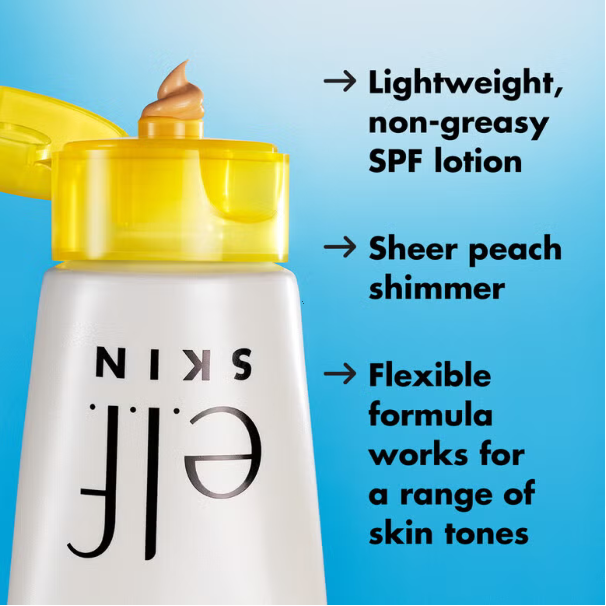SPF lotion bottle with yellow cap on a blue background, featuring text about product features.