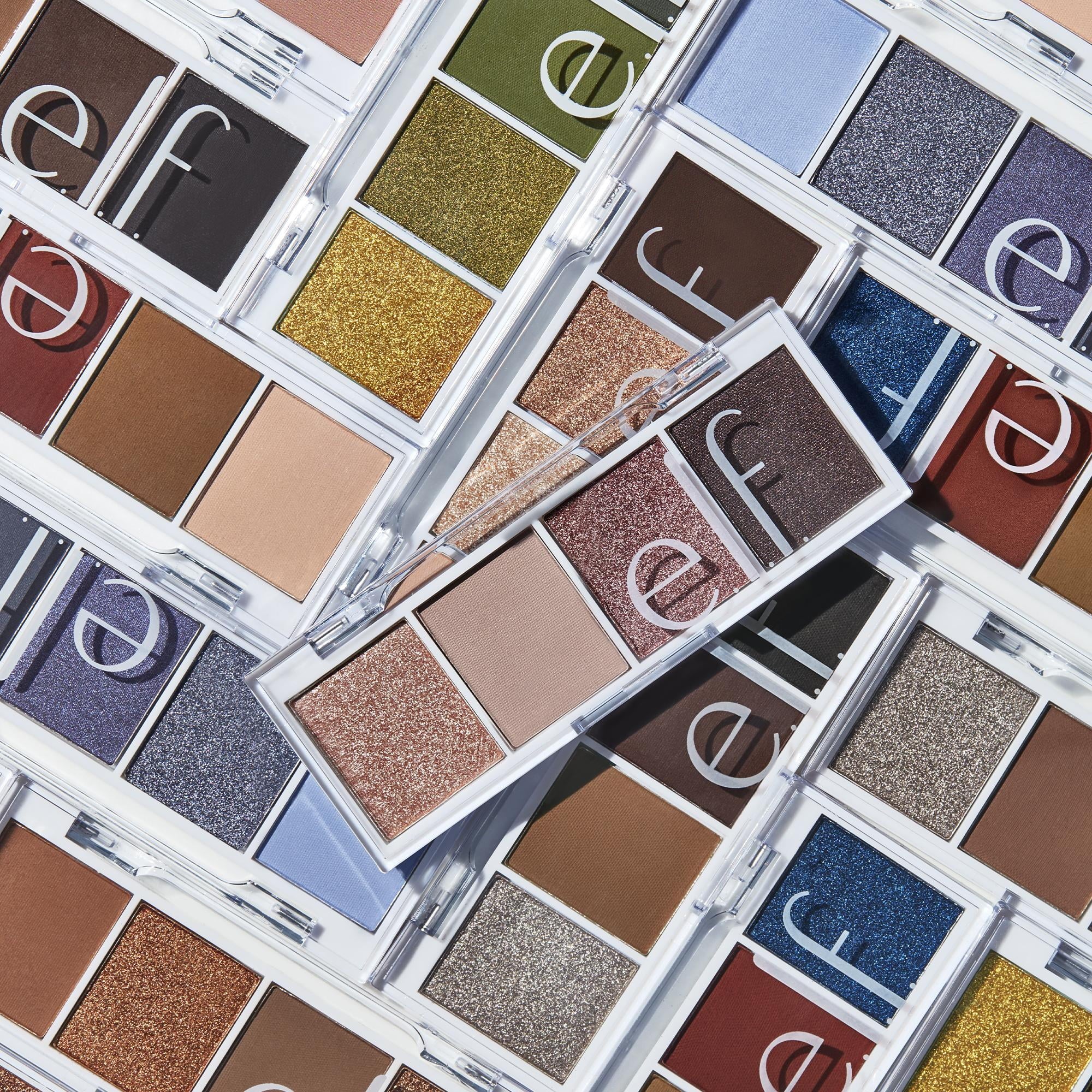Collection of ELF eyeshadow palettes with various colors and finishes.