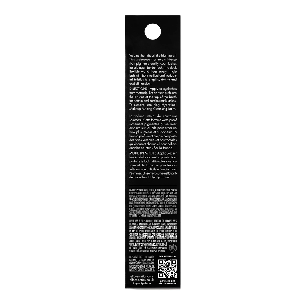 Back of the elf Lash it Loud Waterproof Mascara with text and a QR code on a white background