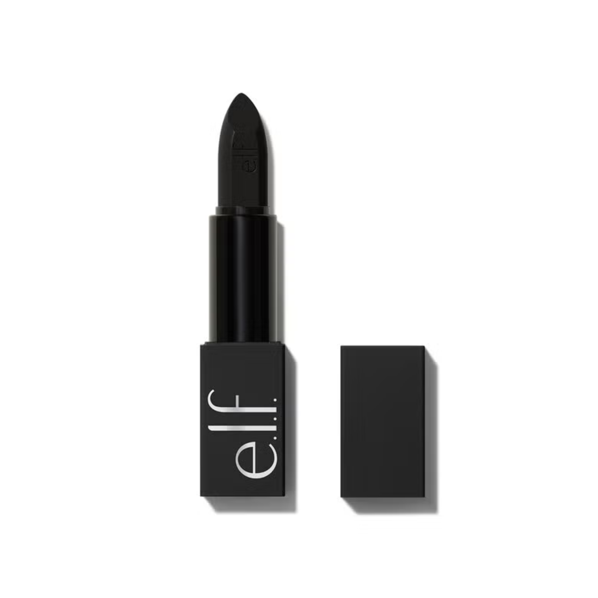 Black lipstick with open case on a white background, featuring the e.l.f. brand.