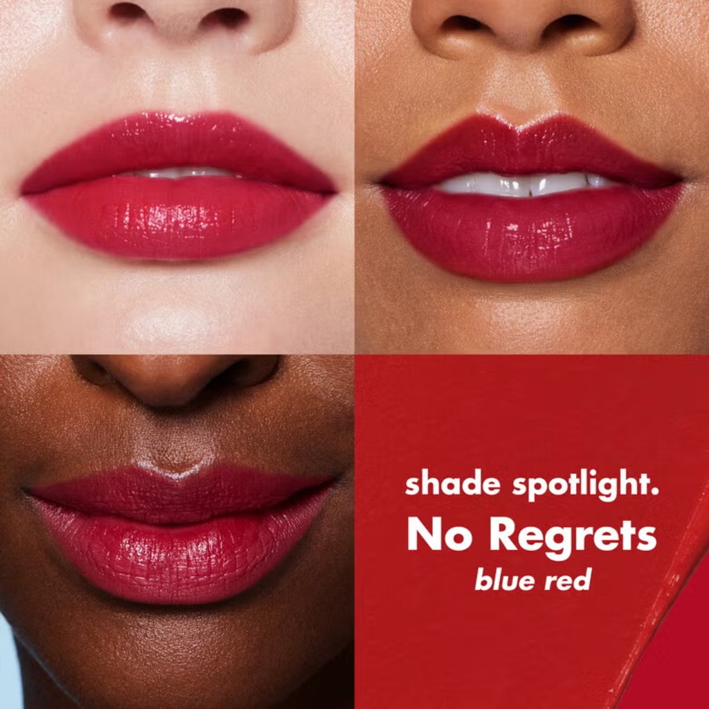 Lipstick shade comparison with 'No Regrets' blue red on a red background