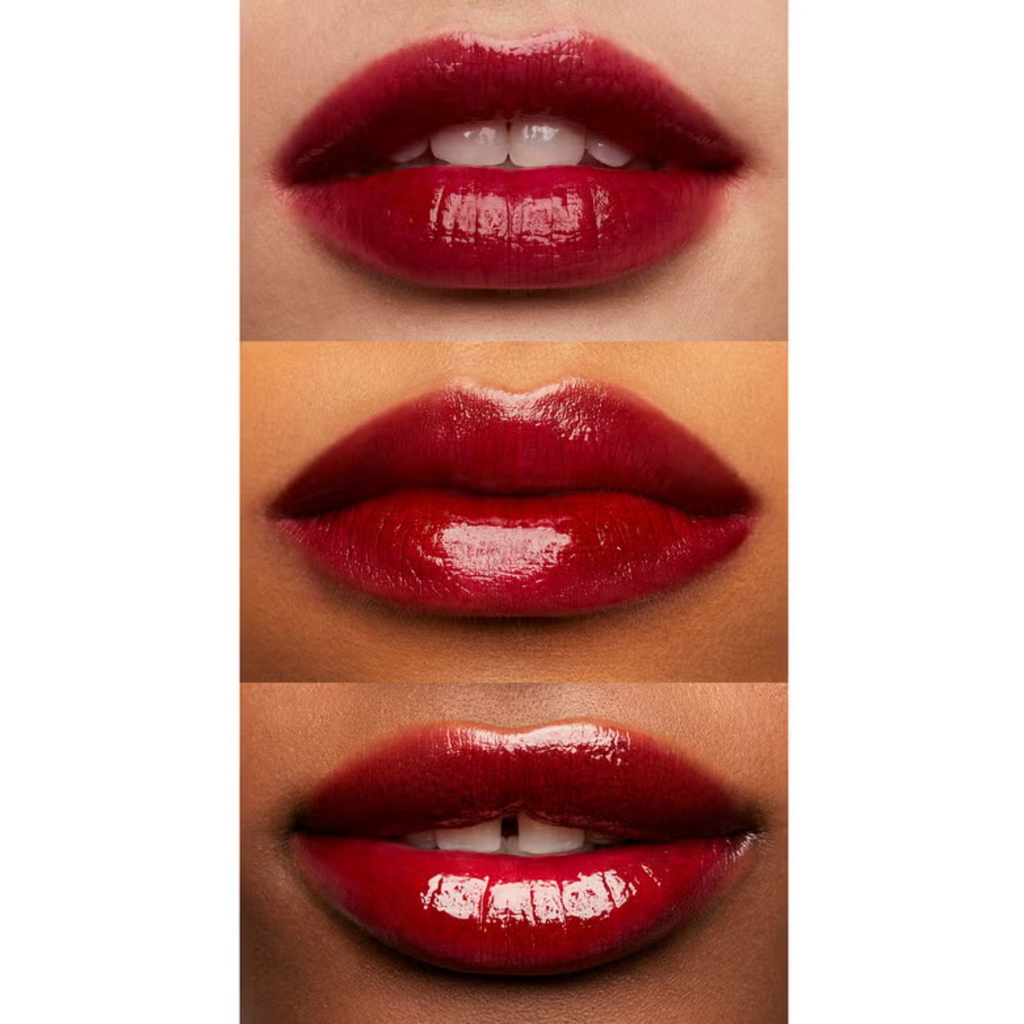 Close-up of berry queen lip stain on lips of three different models. 