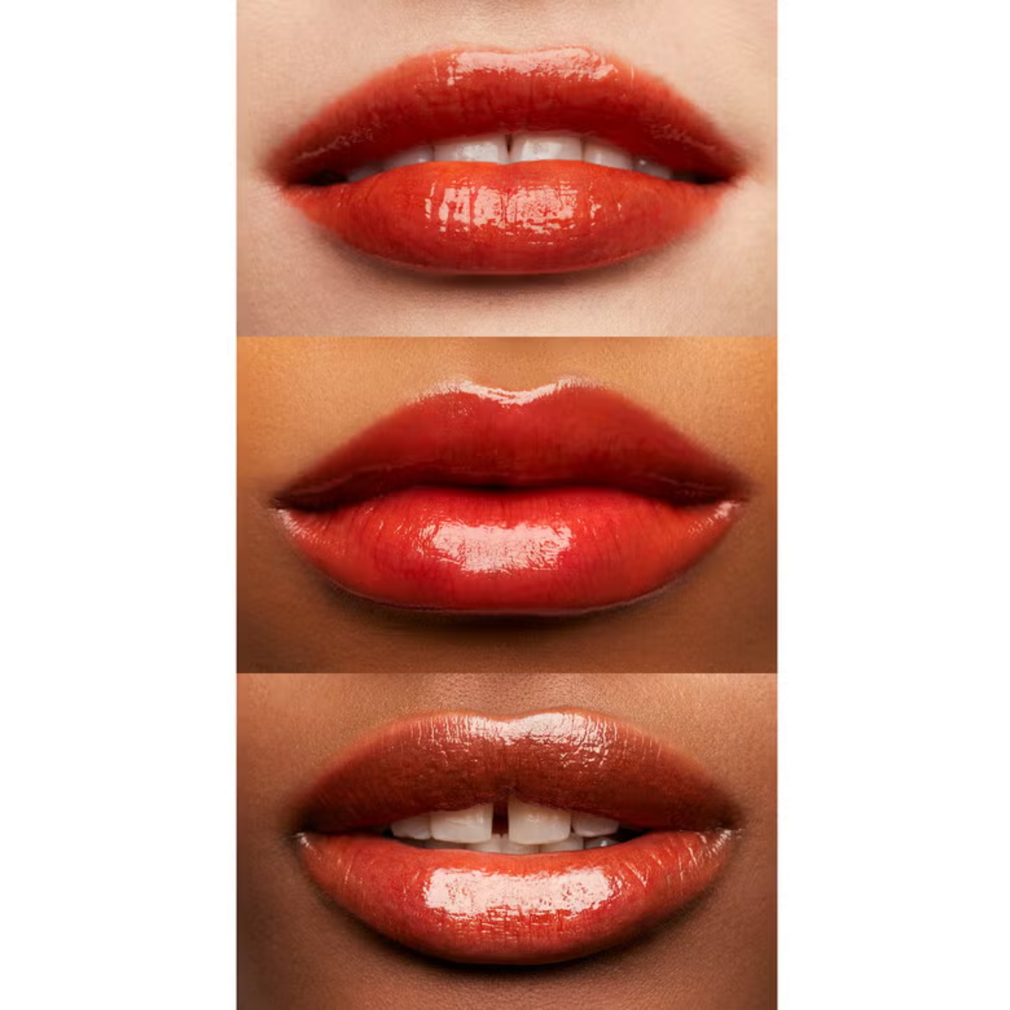 Three different models wearing coral cutie shade of the lip stain 