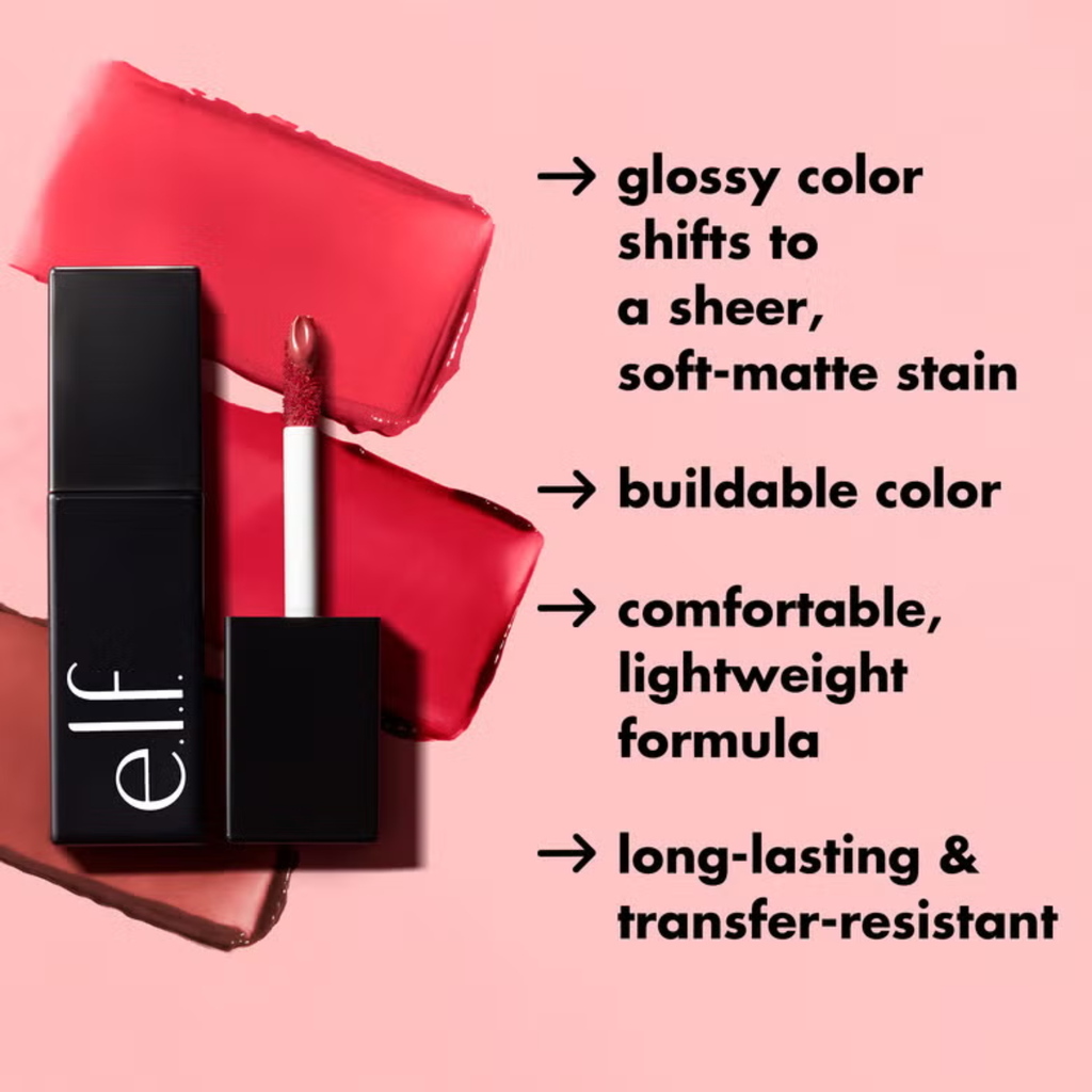 Lipstick with red applicator and black case on a pink background with text describing product features.