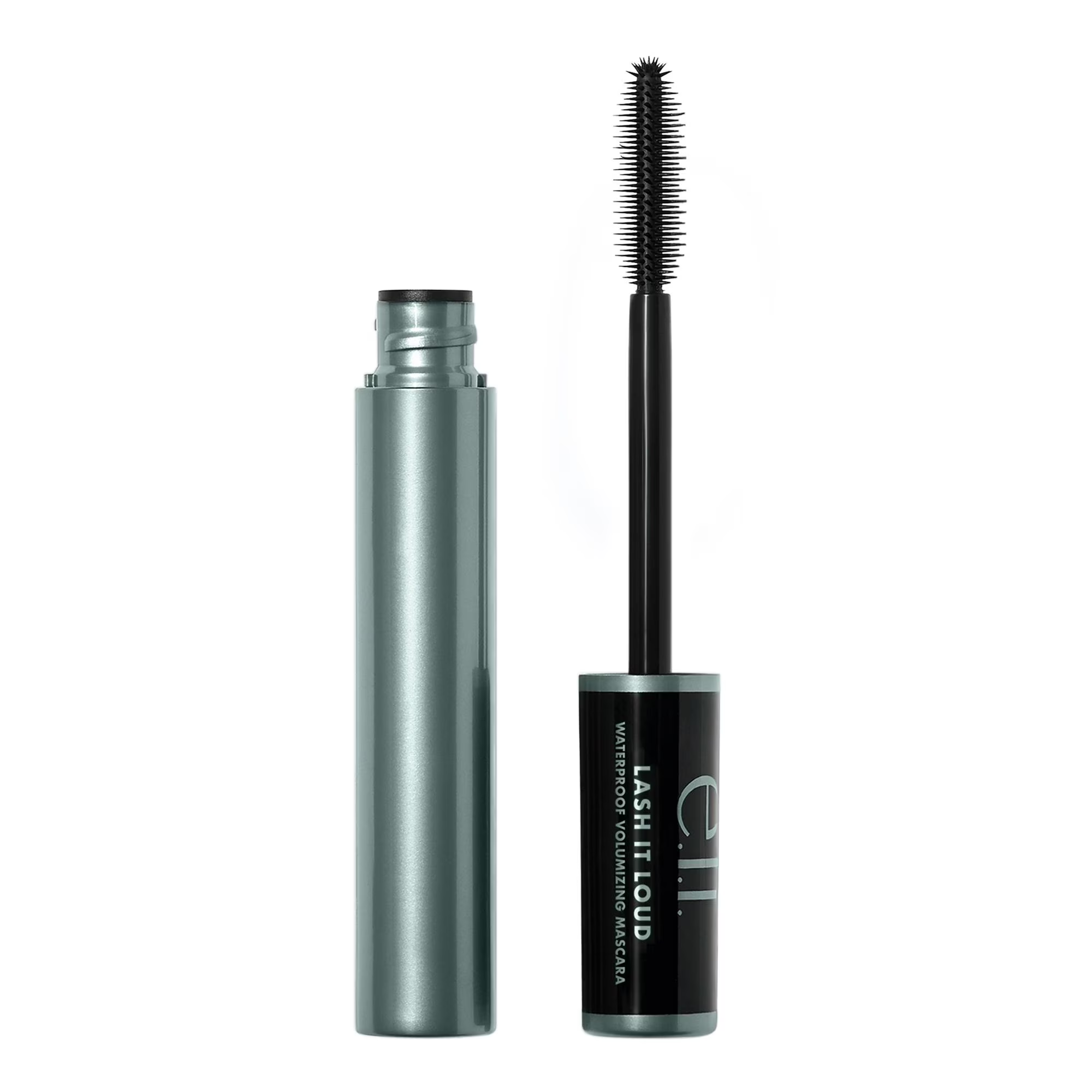 Mascara with silver tube and black wand on a white background