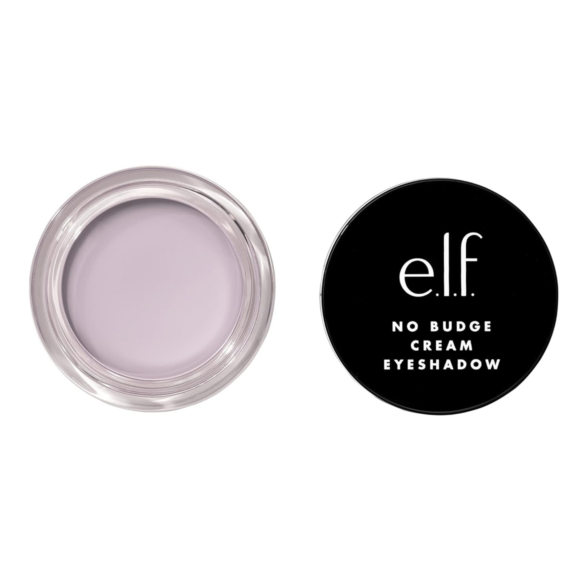 e.l.f. No Budge Cream Eyeshadow with open lid showing purple shade on a white background