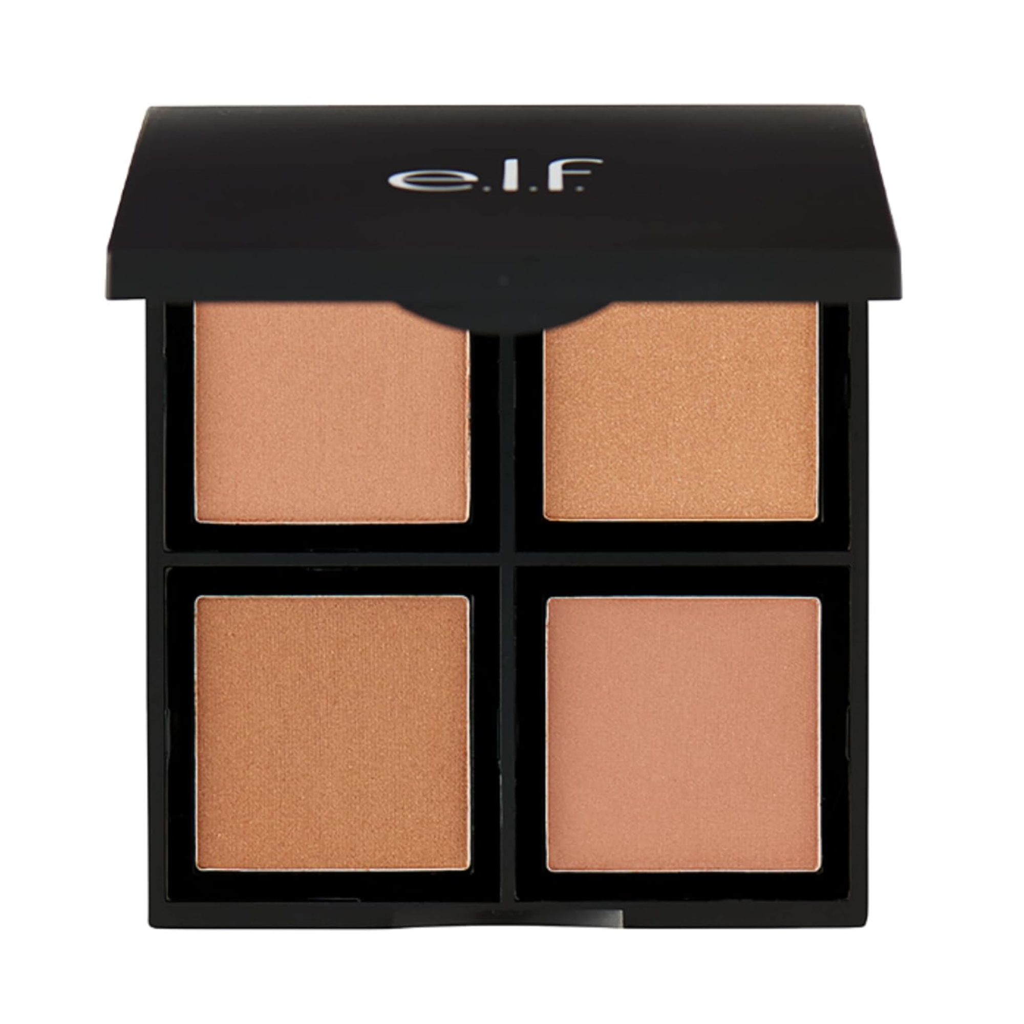 Four-color bronzer palette with 'elf' branding on a white background