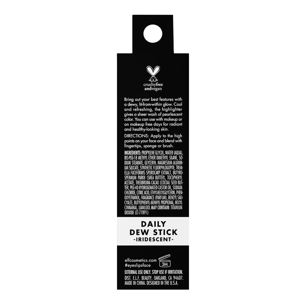 Achterzijde van de verpakking van de e.l.f. Daily Dew Stick met productinformatie.