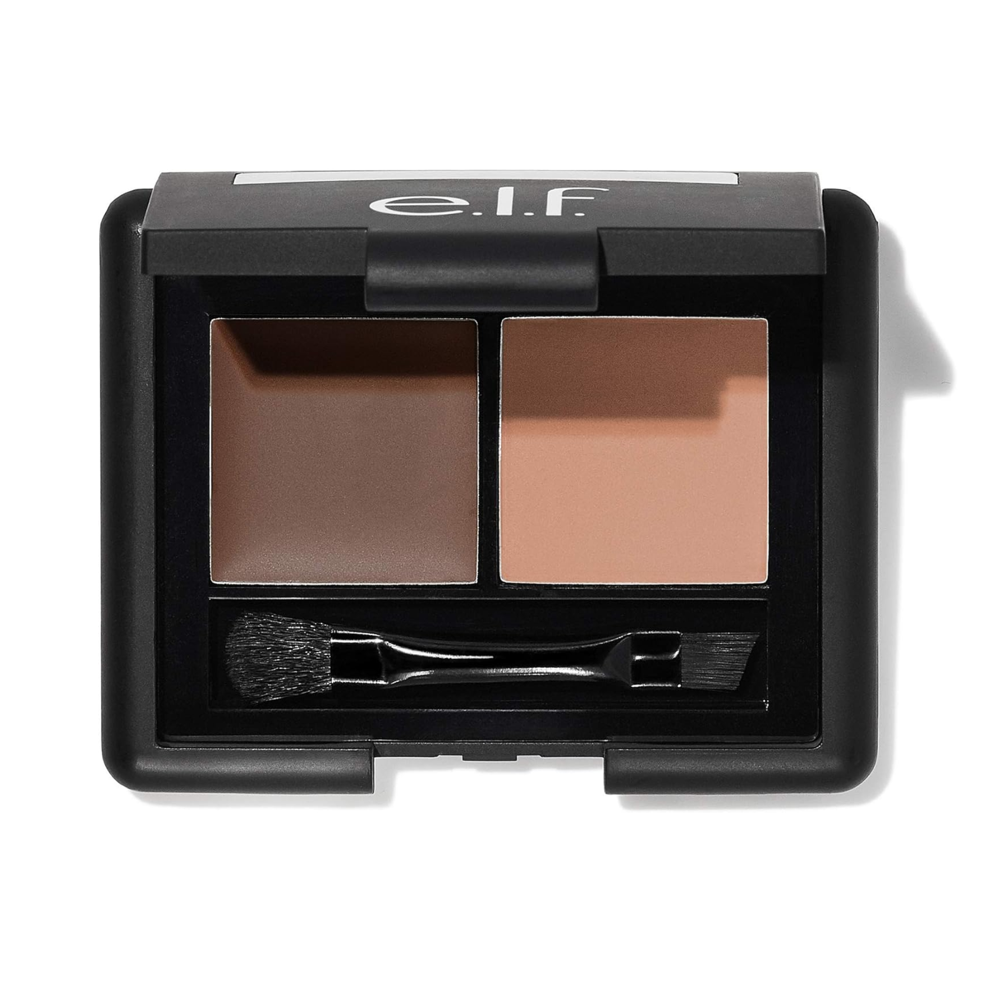 Eyebrow product set with two shades and a brush in a black case on a white background, featuring the e.l.f. brand.