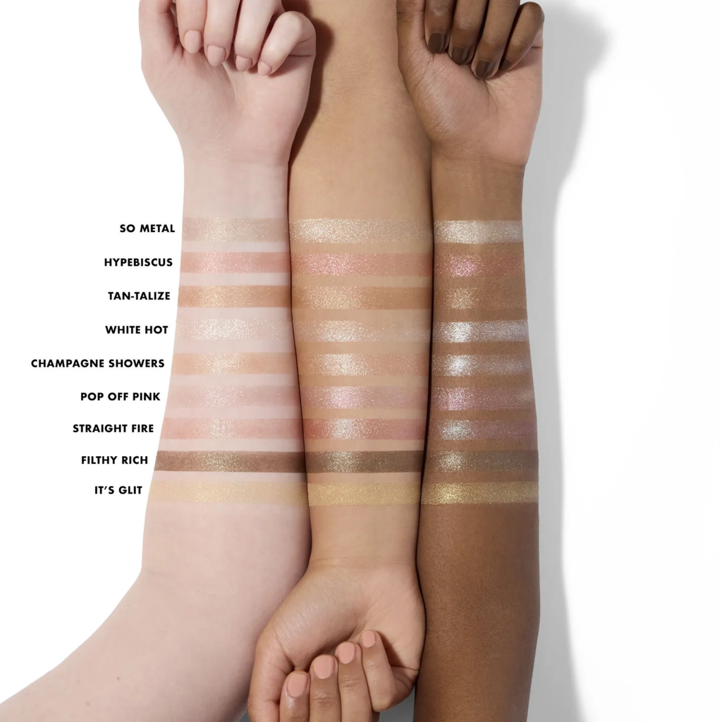 Swatches van e.l.f. Fine As Fleck Glitter Eyeshadow op verschillende huidtinten.