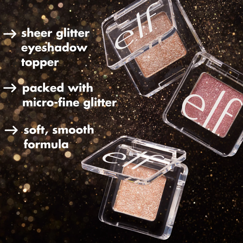 Overzicht van de voordelen van e.l.f. Fine As Fleck Glitter Eyeshadow met microfijne glitters en zachte formule.