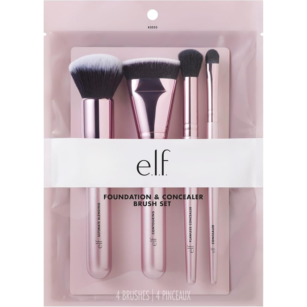 Voorkant van de verpakking van de e.l.f. Foundation & Concealer Brush Set met vier essentiële gezichtskwasten.