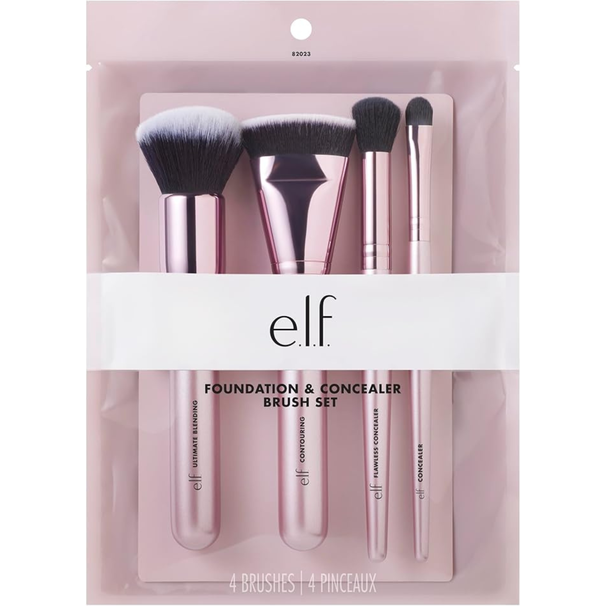 Voorkant van de verpakking van de e.l.f. Foundation & Concealer Brush Set met vier essentiële gezichtskwasten.