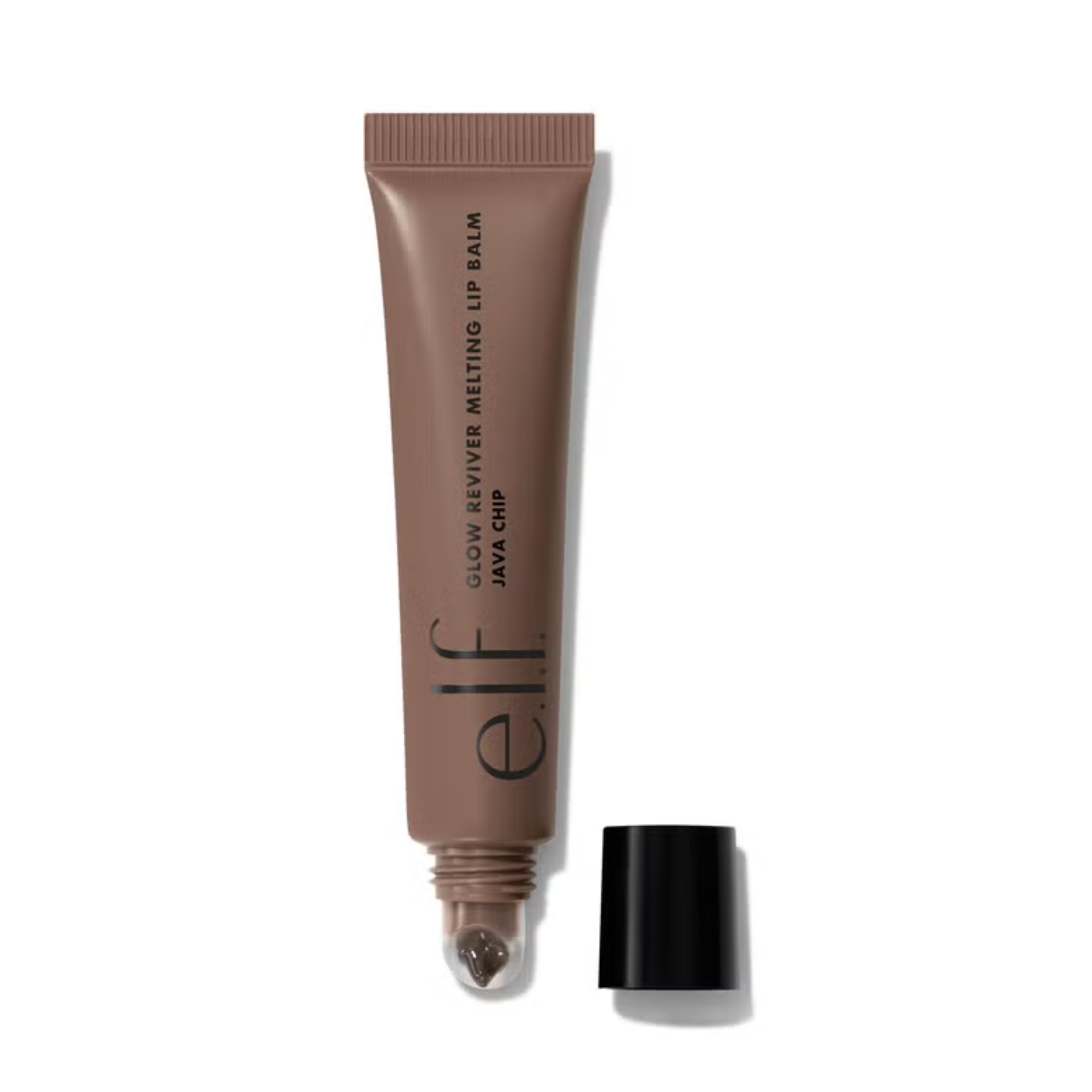 Open lip balm tube with 'elf' branding on a white background