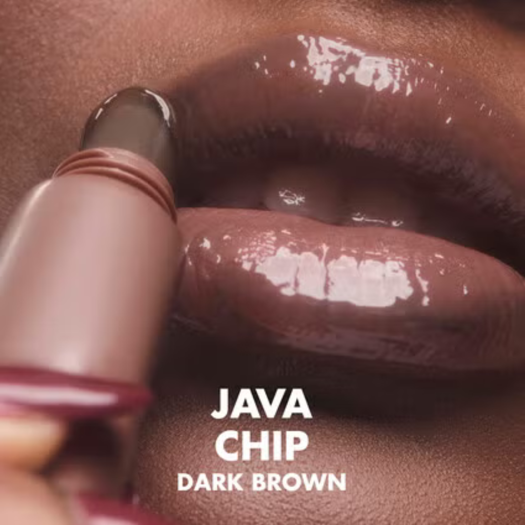 Lipstick being applied to lips with 'Java Chip Dark Brown' text