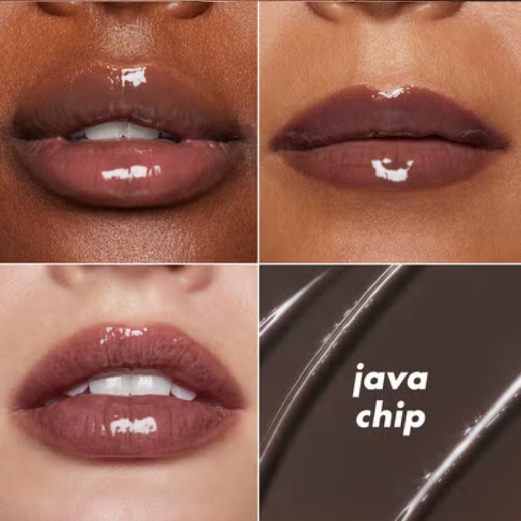 Collage of a lip color swatch labeled 'java chip' on a neutral background.