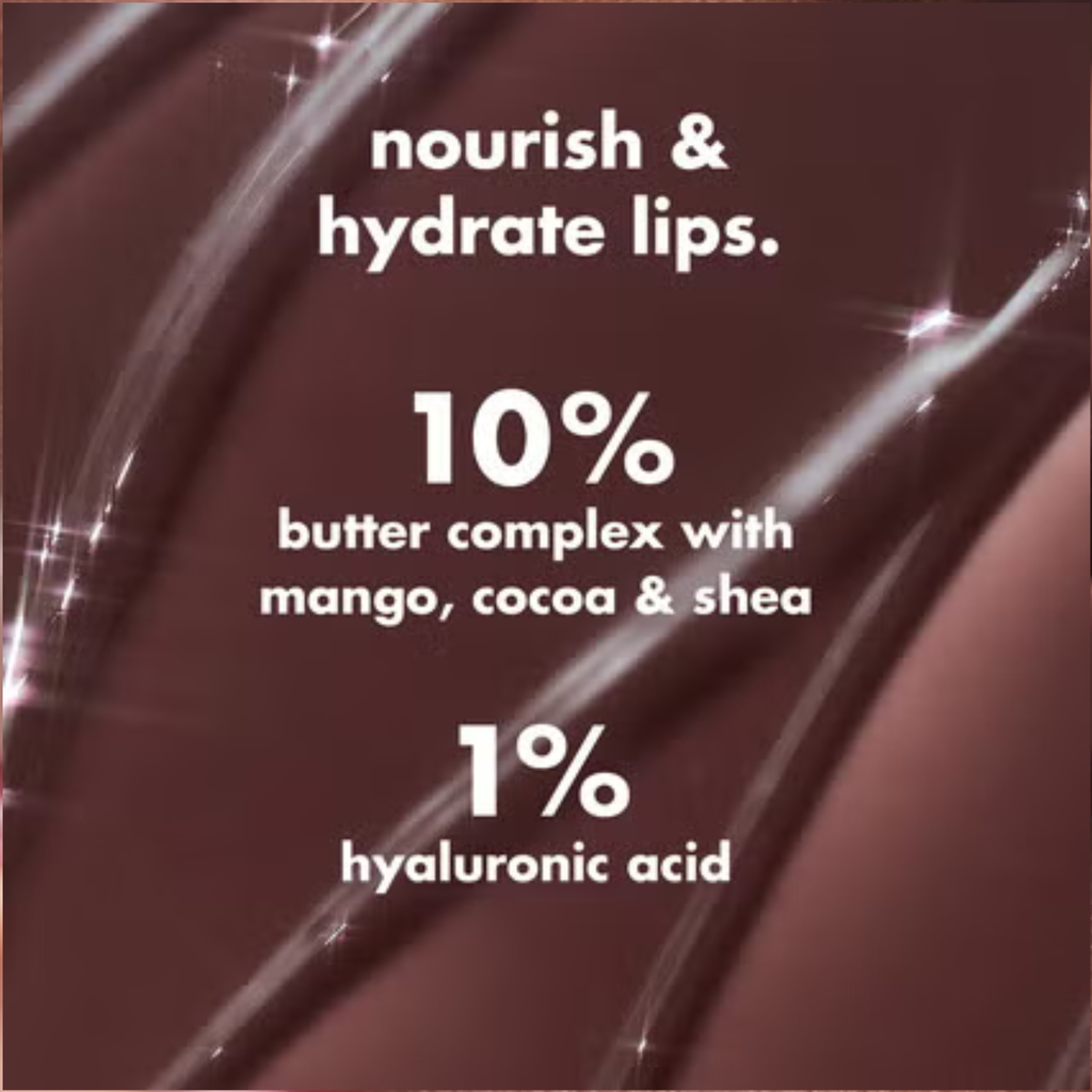 Lip balm with text highlighting ingredients and benefits on a dark background