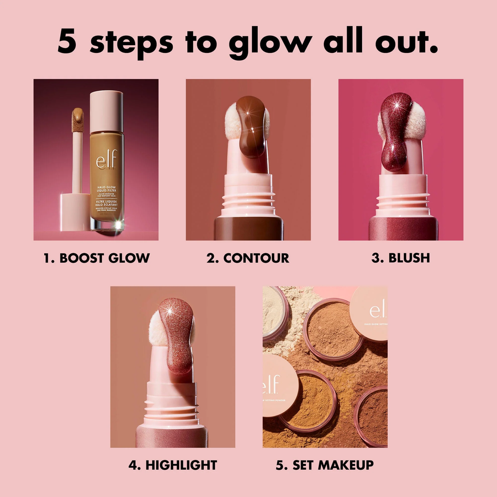 Glow routine met e.l.f. Halo Glow Liquid Filter voor een stralende finish.