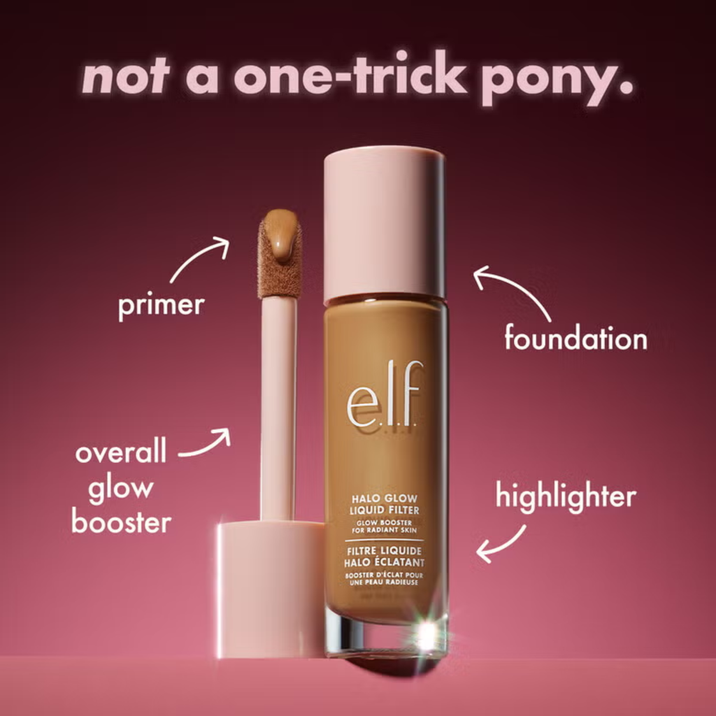 e.l.f. Halo Glow Liquid Filter te gebruiken als primer, highlighter, foundation of glow booster.