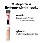 Combinatie van e.l.f. Halo Glow Liquid Filter met Power Grip Primer voor extra glow en langdurige make-up.