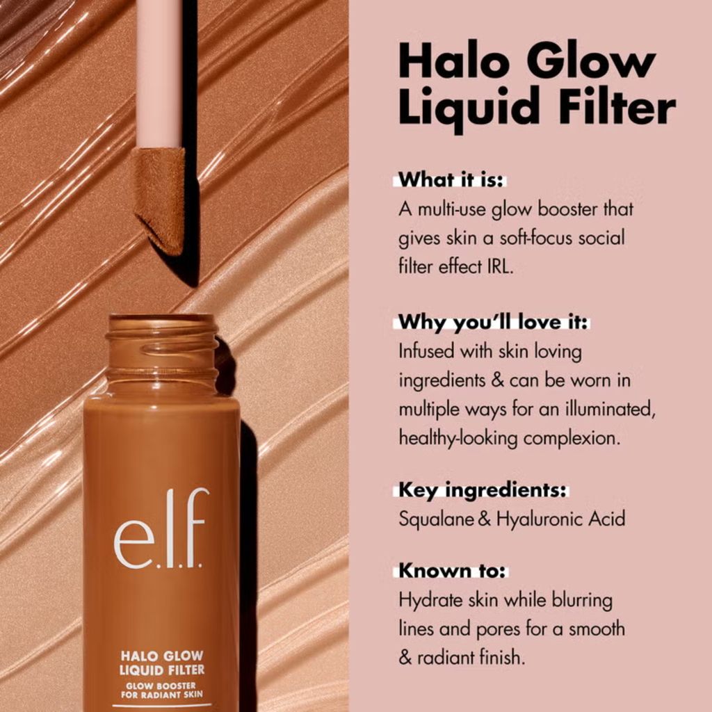 Belangrijkste voordelen van e.l.f. Halo Glow Liquid Filter voor een stralende huid.