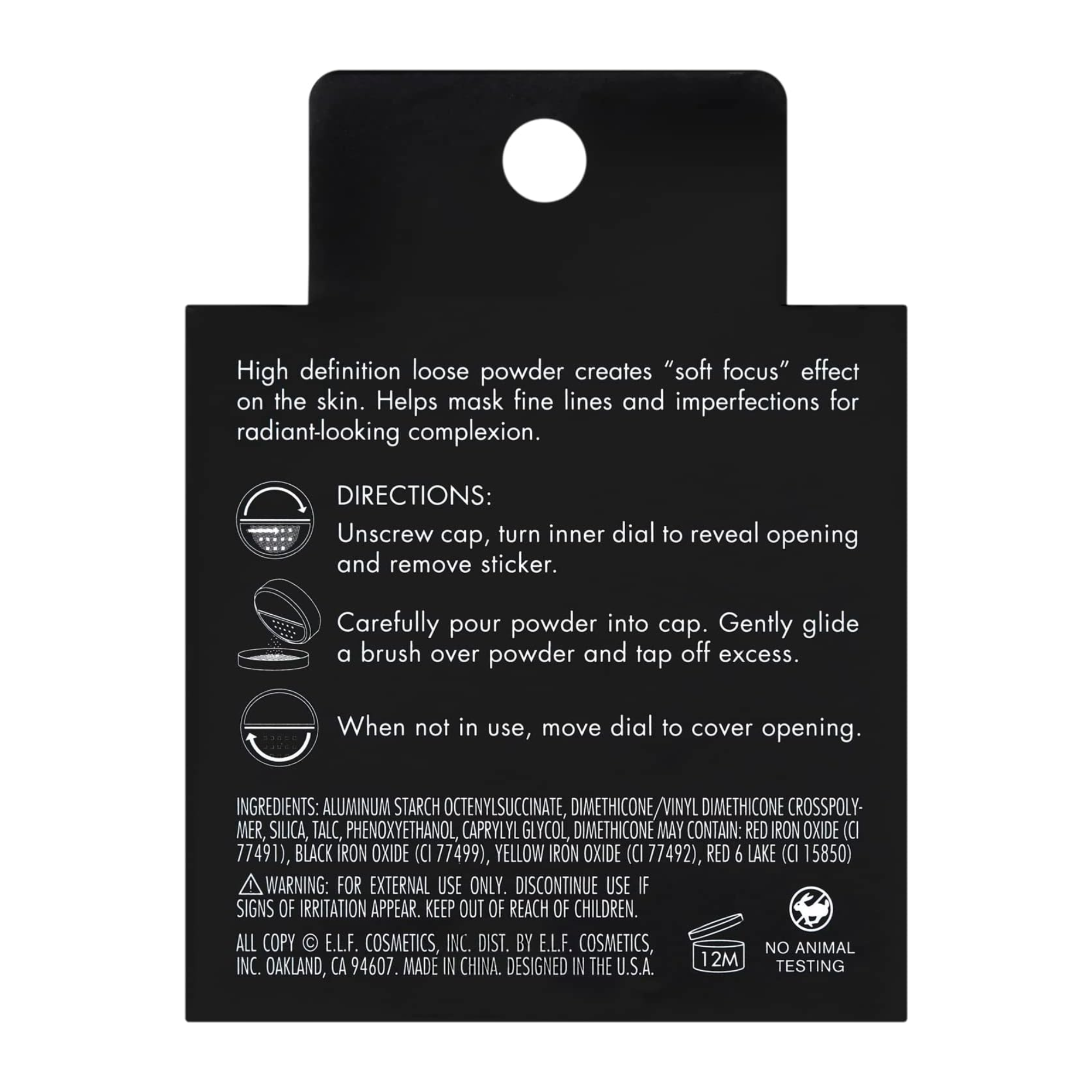 Achterzijde van de verpakking van e.l.f. High Definition Powder met productinformatie.