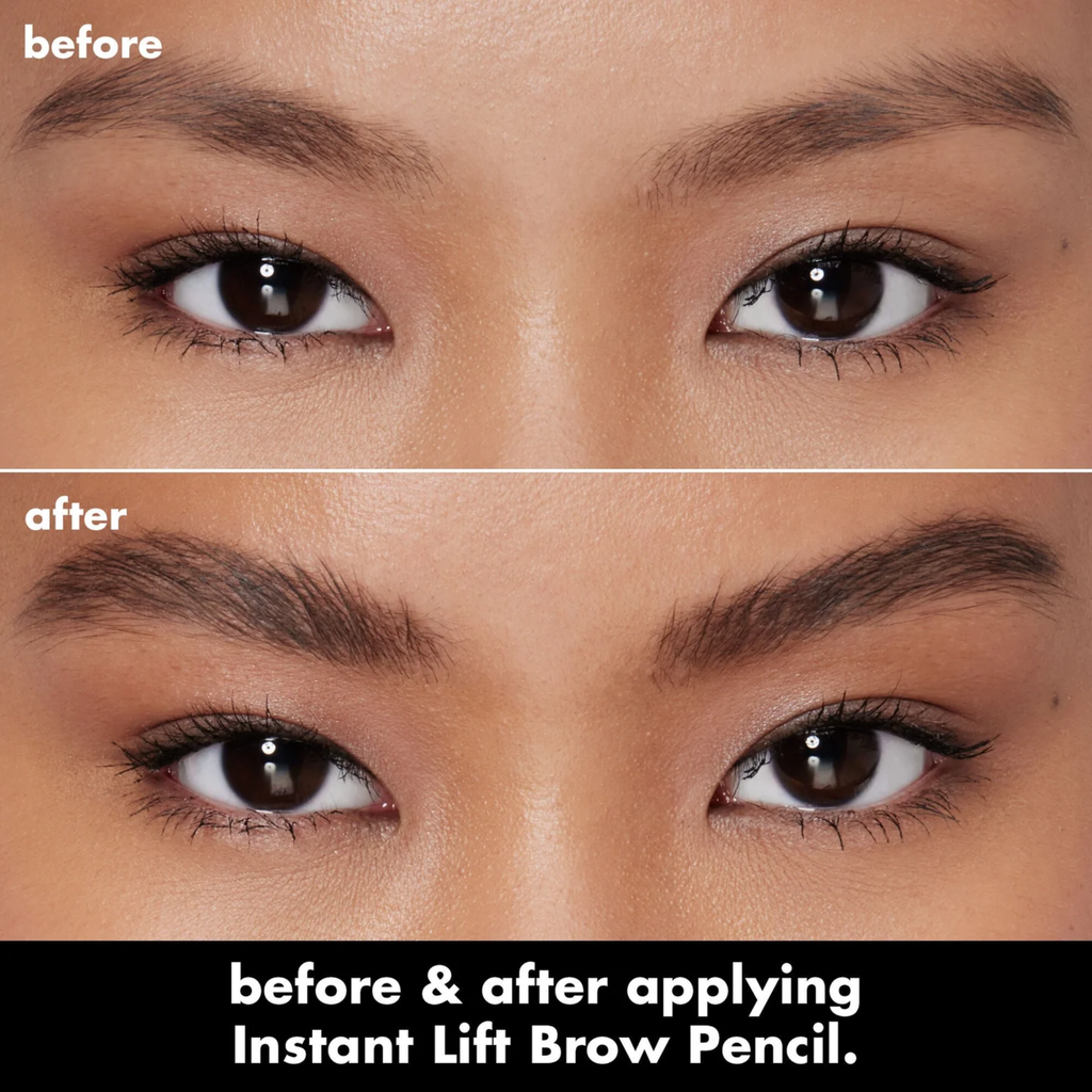 Voor- en naresultaat van e.l.f. Instant Lift Brow Pencil voor vollere wenkbrauwen.