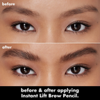 Voor- en naresultaat van e.l.f. Instant Lift Brow Pencil voor vollere wenkbrauwen.