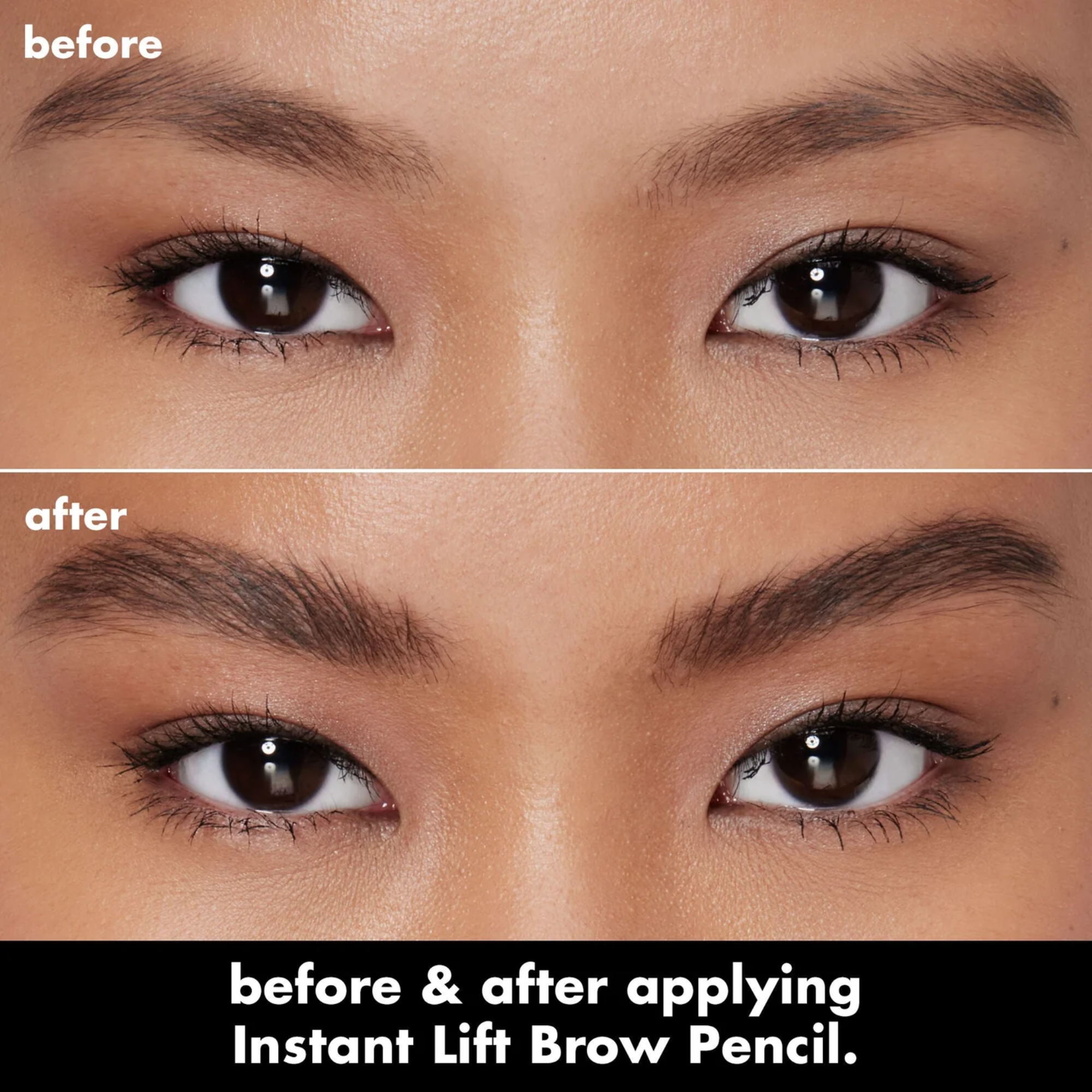 Voor- en naresultaat van e.l.f. Instant Lift Brow Pencil voor vollere wenkbrauwen.