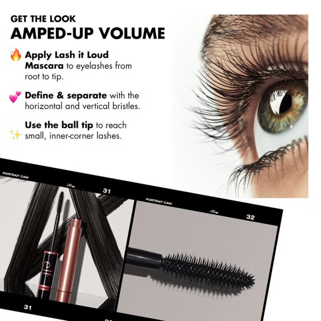 Resultaten van e.l.f. Lash It Loud Mascara met opbouwbaar volume en gedefinieerde wimpers.