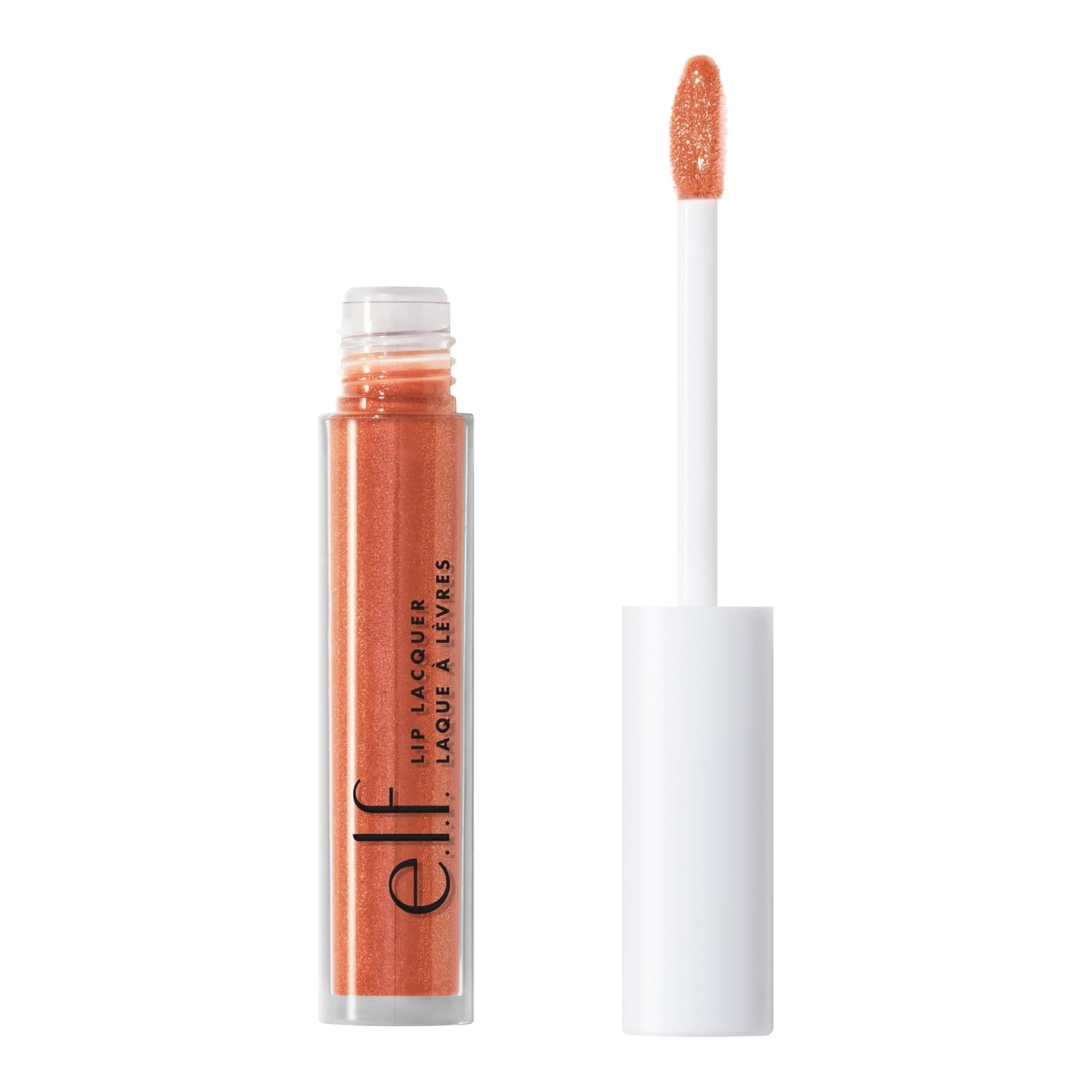 e.l.f. Lip Lacquer in de tint Mauve Glitz met een glanzende, hydraterende finish.