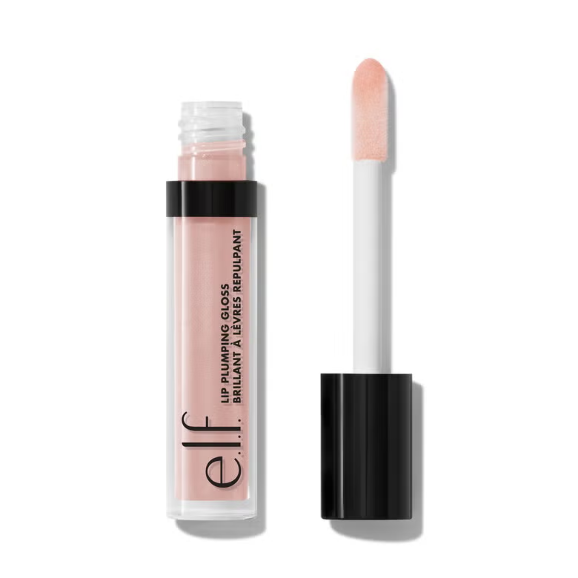 e.l.f. Lip plumping gloss in pink cosmo shade with applicator on a white background