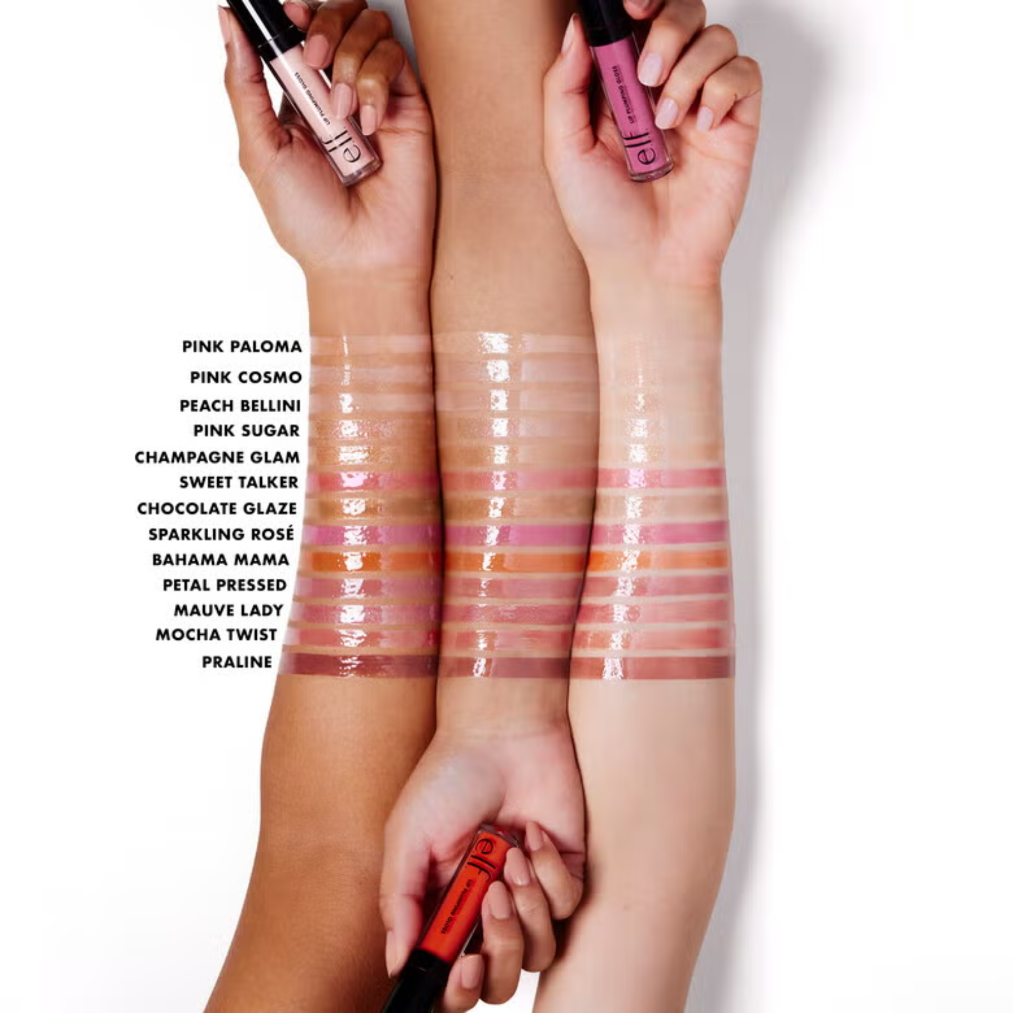 Lipstick shades applied to arms with names listed on a white background