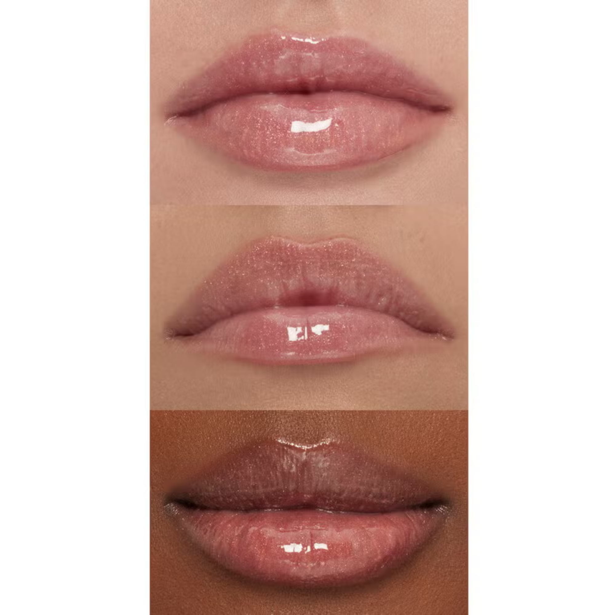 Close-up of pink lip gloss on three different lips with a white background.