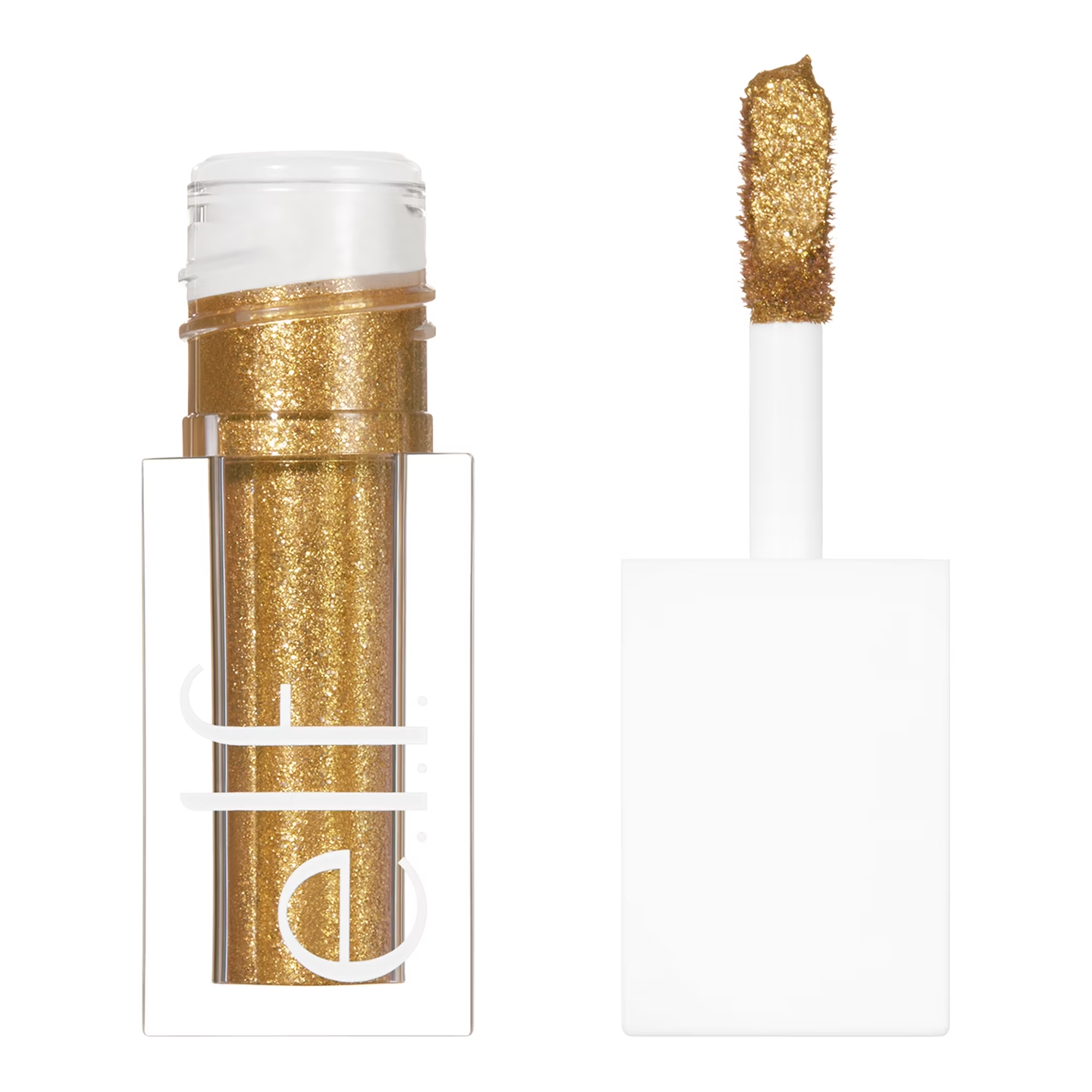 Gold glittery lip gloss with applicator on a white background