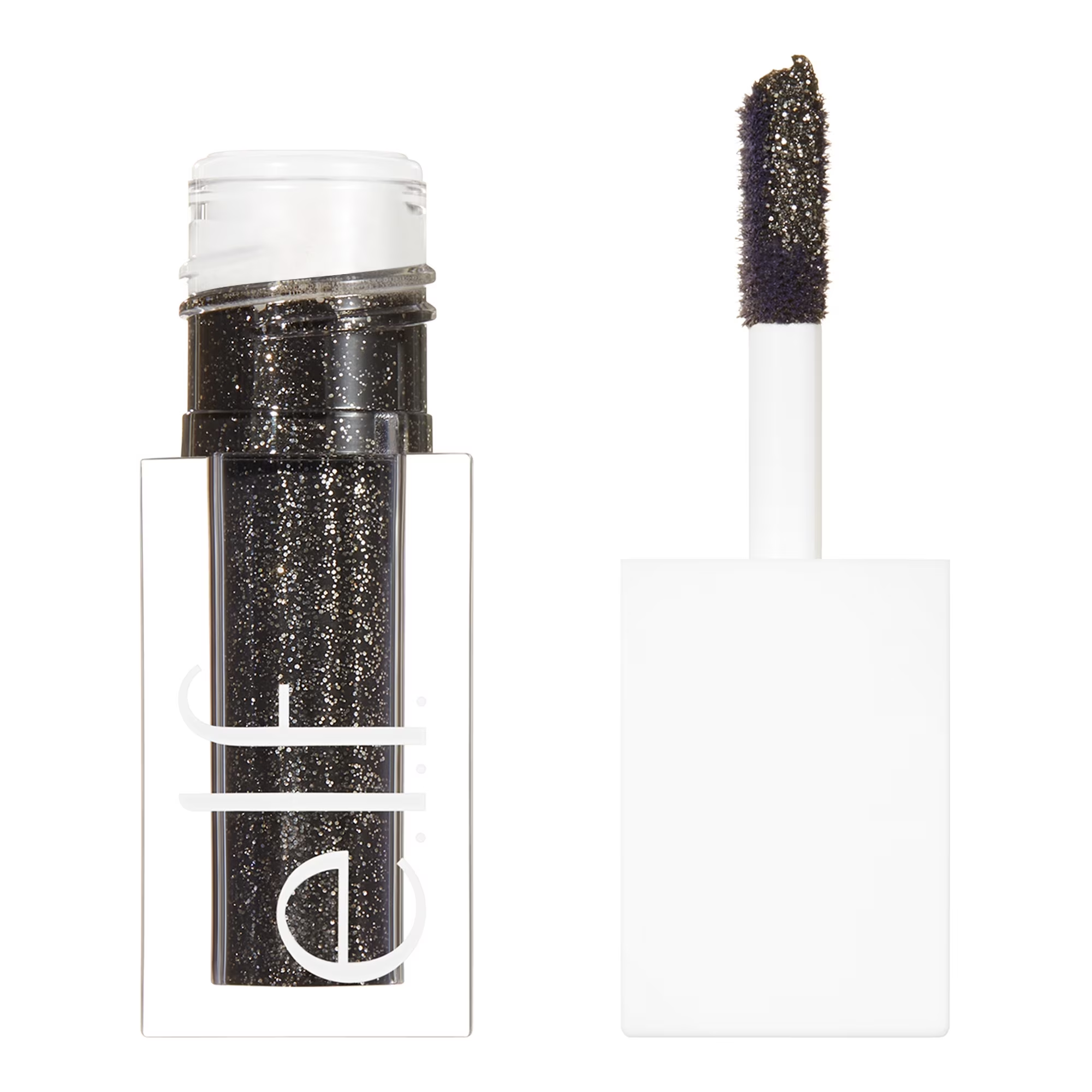 Black glitter lip gloss with applicator on a white background