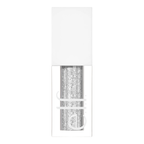 Silver glittery eyeshadow product in a clear container with a white background