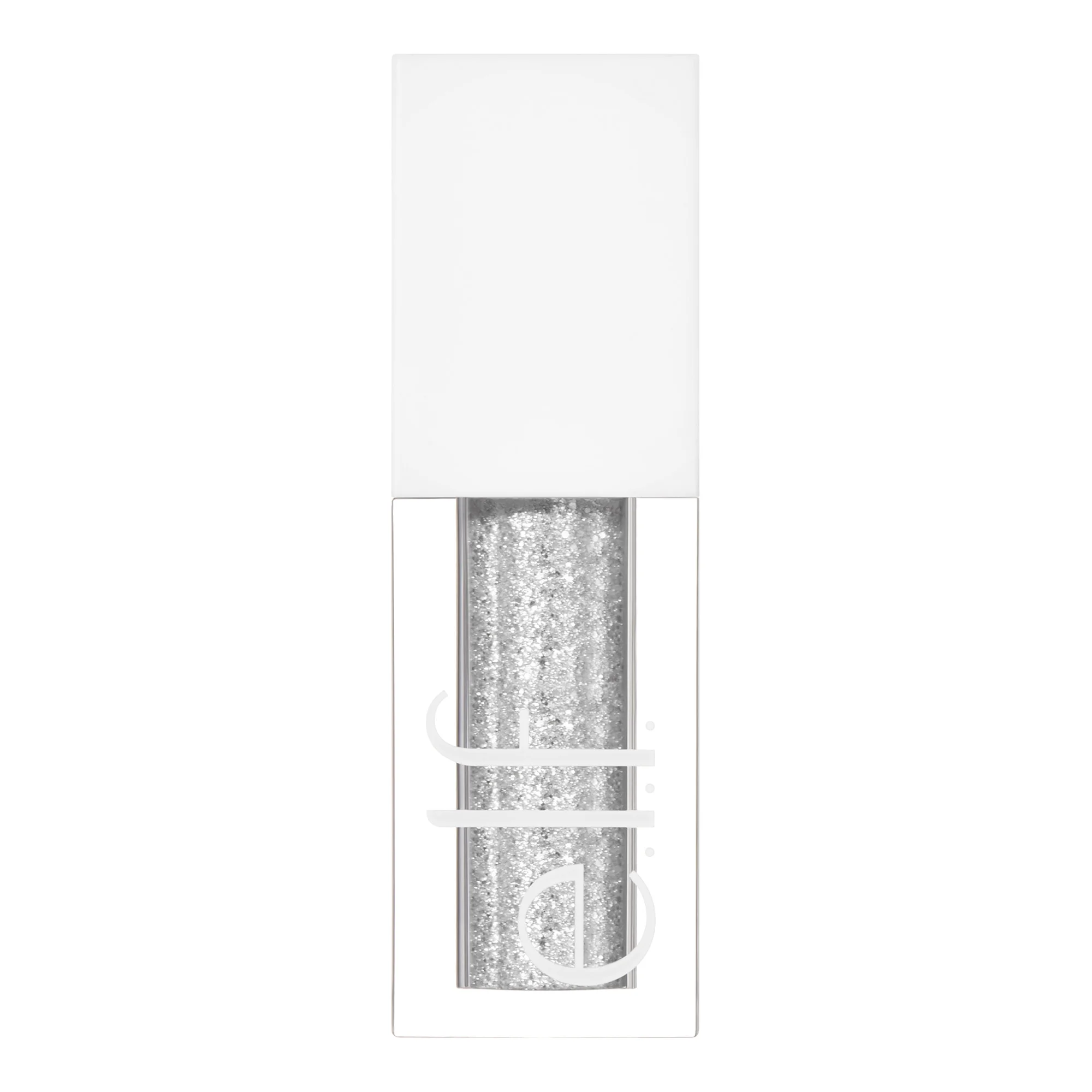 Silver glittery eyeshadow product in a clear container with a white background