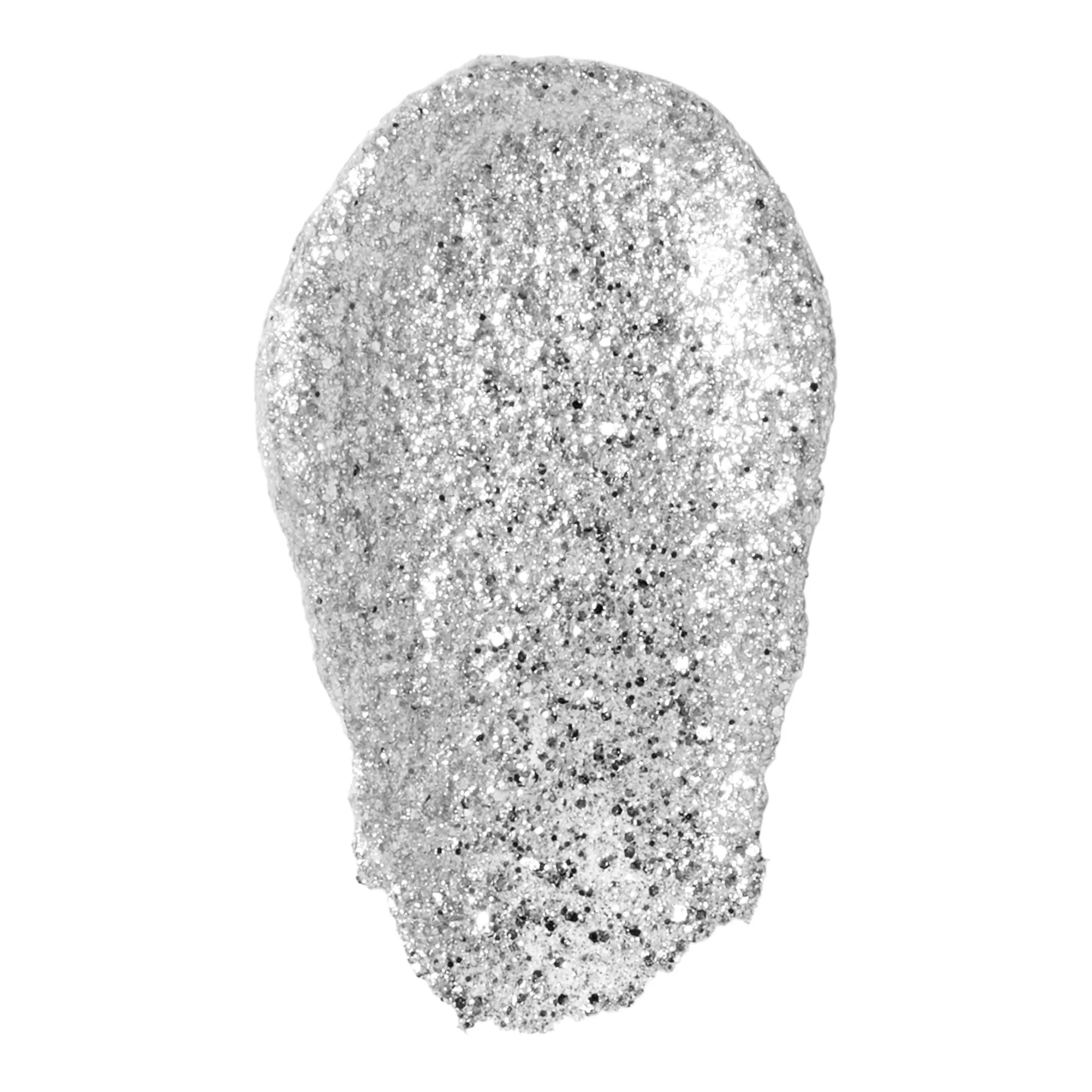 Silver glittery makeup product on a white background