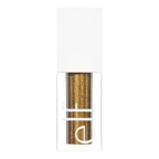 Gold glittery eyeshadow in a container with a brand logo on a white background