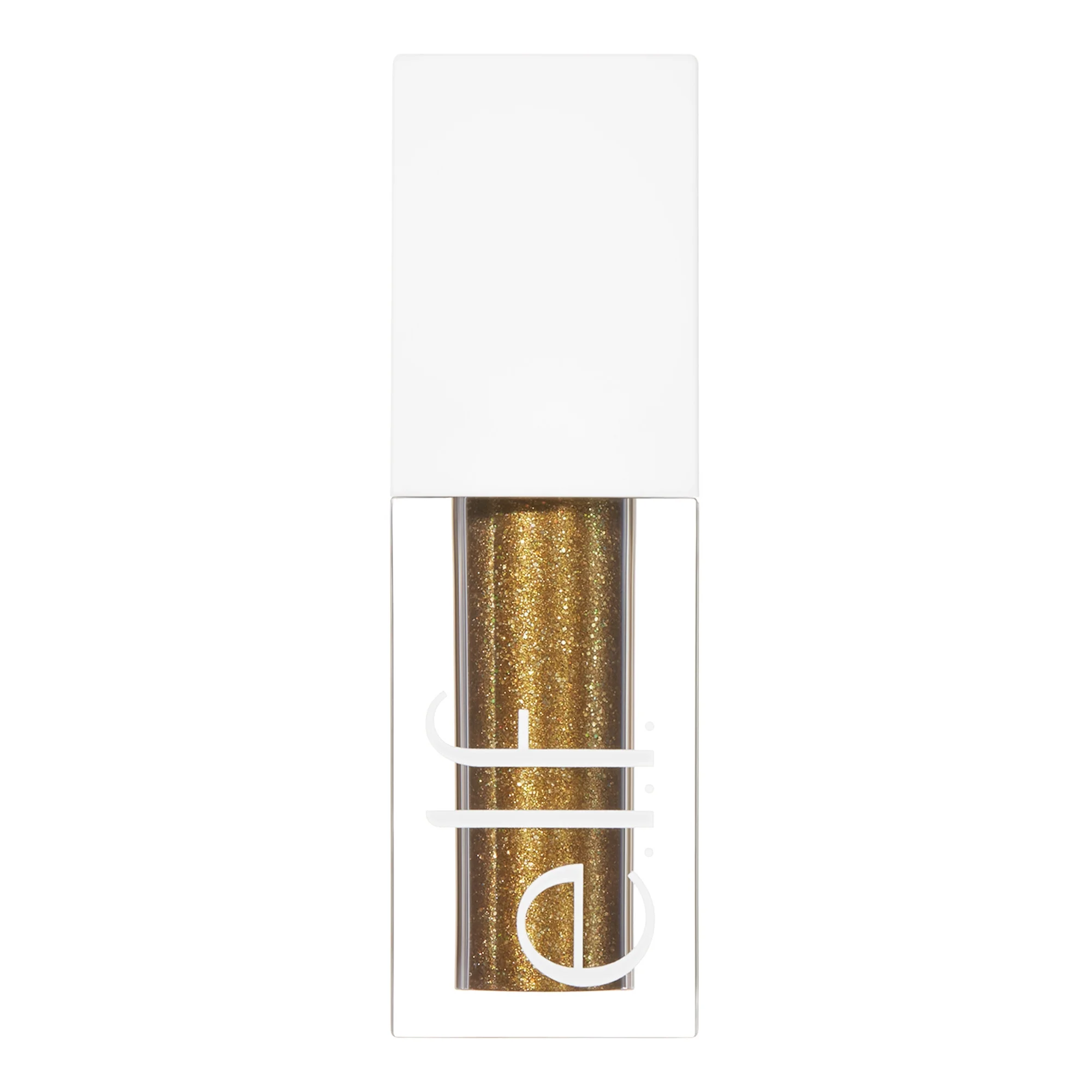 Gold glittery eyeshadow in a container with a brand logo on a white background