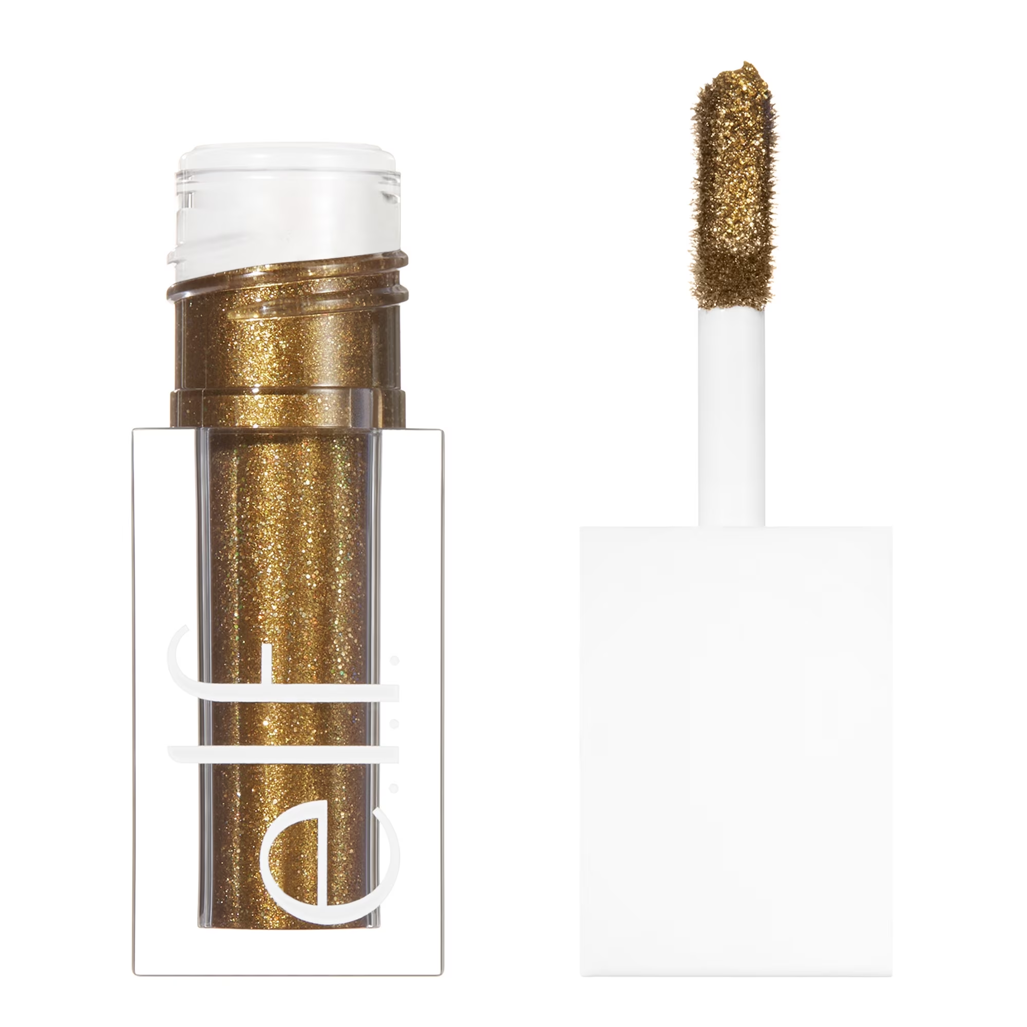 Gold glitter eyeshadow with applicator on a white background